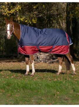Manta de exterior impermeable Equithème 50 gr "Tyrex 1200D" Cuello Alto Marino/Burdeos
