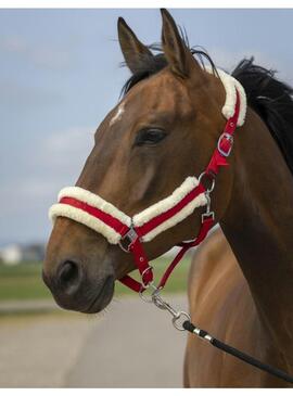 Cabezada de cuadra con borreguillo Equithème "Nylon Mouton" Rojo/Blanco