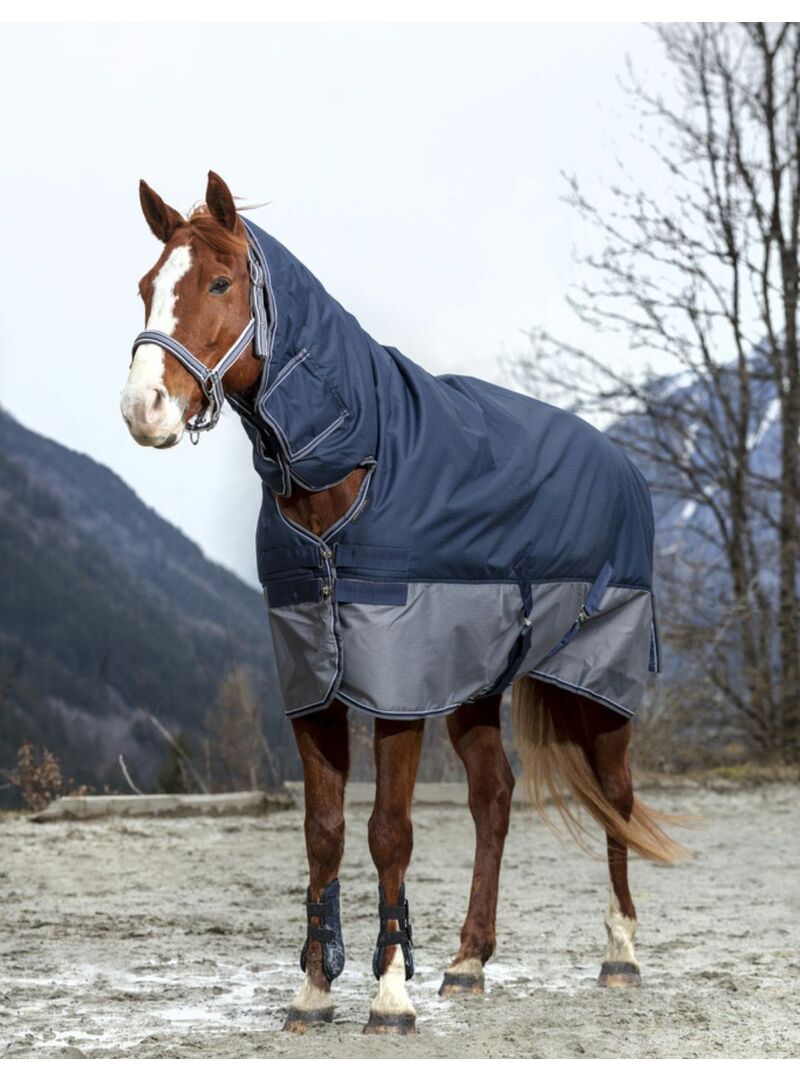 Manta exterior impermeable con cubrecuelllo Equithème 0gr "Tyrex600D" Marino/Gris