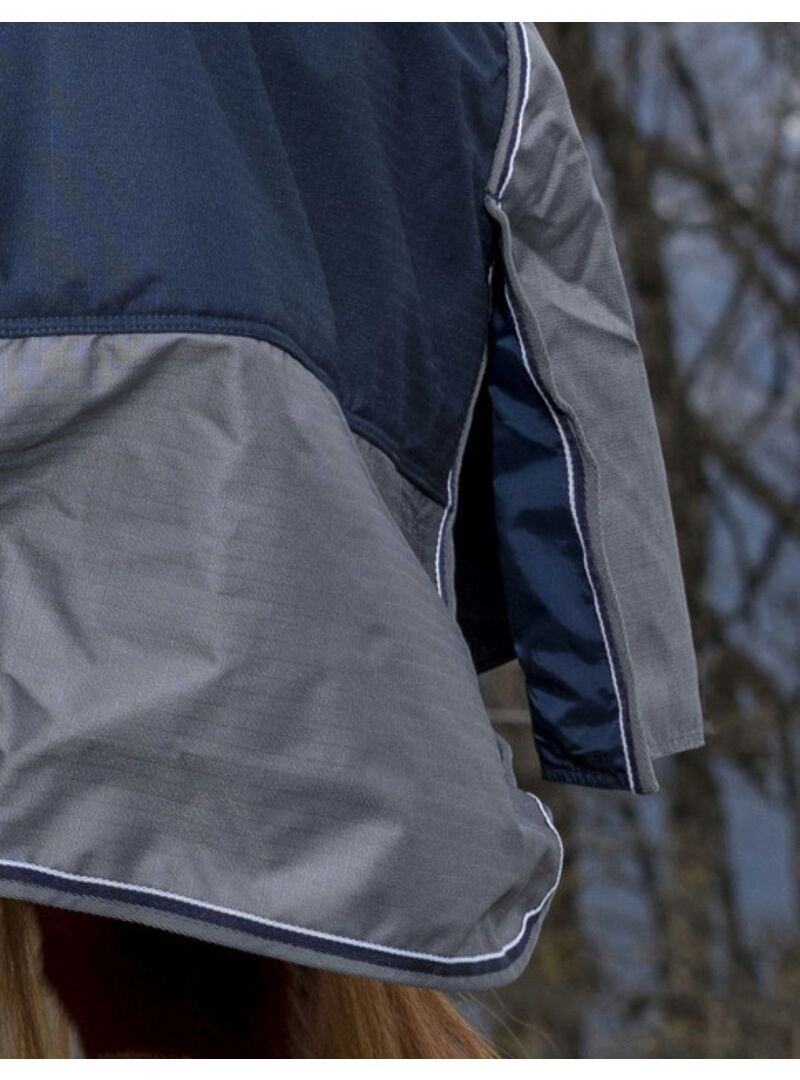 Manta exterior impermeable con cubrecuelllo Equithème 350gr "Tyrex600D" Marino/Gris